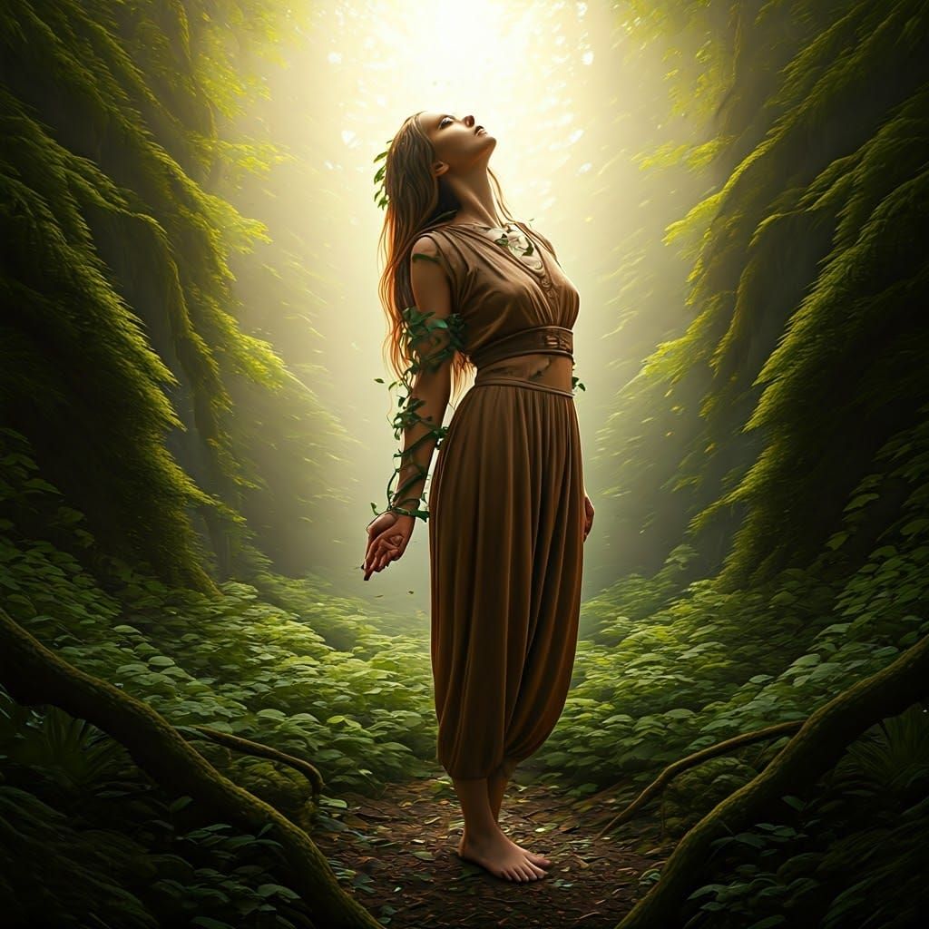 Serene Woman Practicing Earthing in Misty Forest