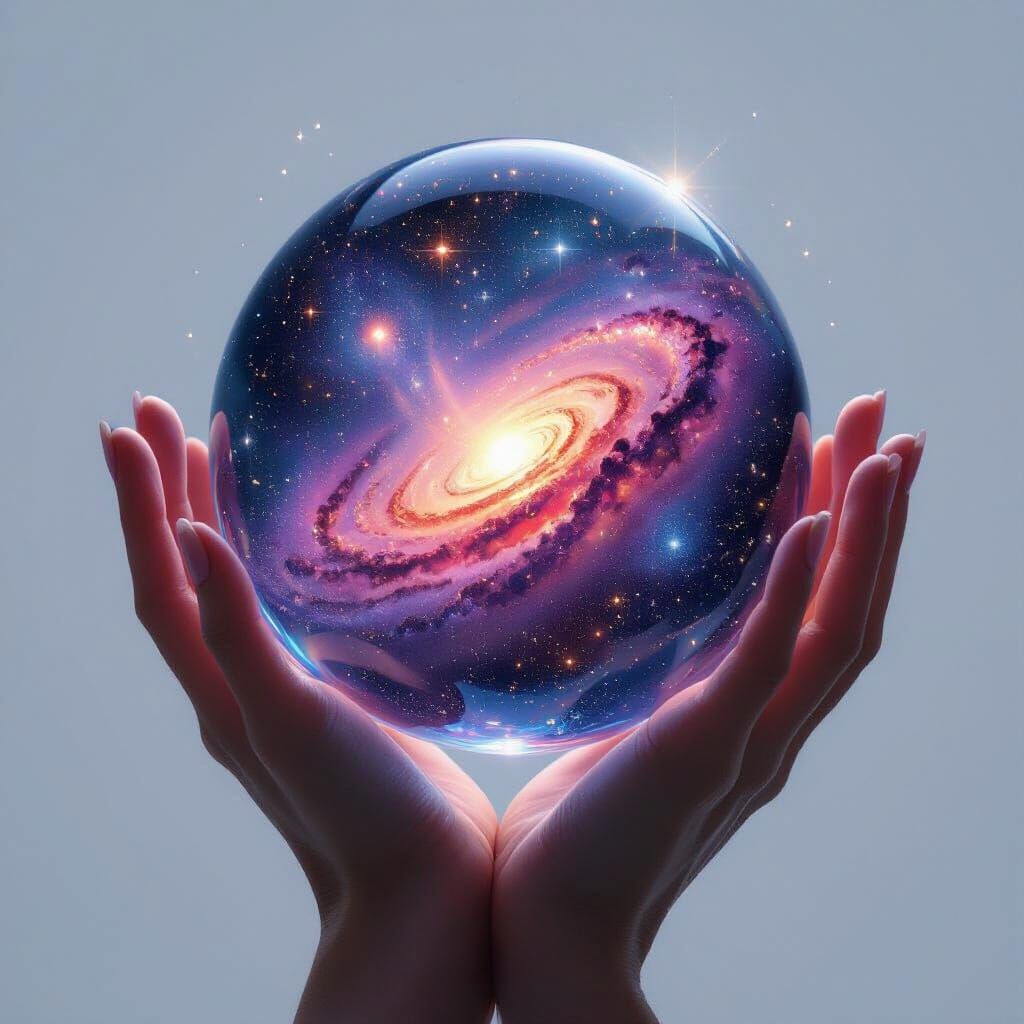 Glass Hands Cradle Galaxy in Abstract Futurism