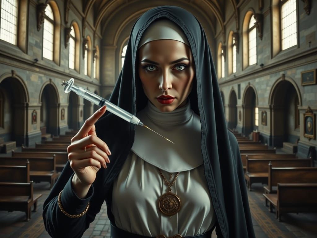 Cyberpunk Nun in Abandoned Church, Dark Fantasy