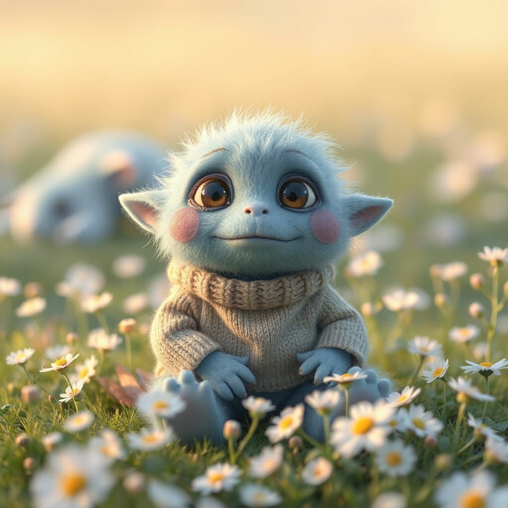 Cute Blue Monster in Meadow, Whimsical Art Style