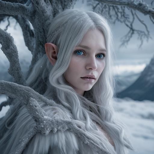 Fantasy Elf with Ice Wings in Winter Landscape