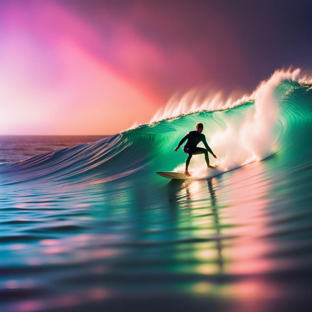 Surfer Rides Wave in Y2K Holographic Style