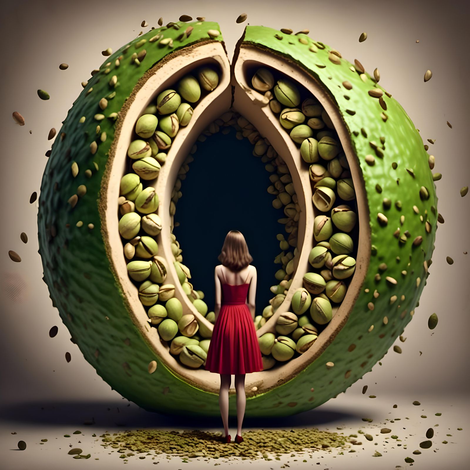 Anxious Woman Hiding in a Giant Pistachio Shell