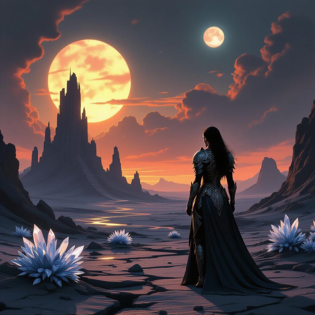 Female Warrior on Alien Planet Under Binary Sunset