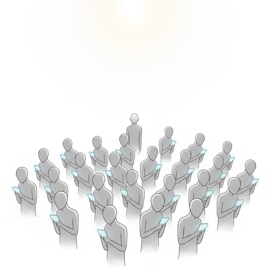 Faceless Crowd Stares at Glowing Screens in Minimalist Art