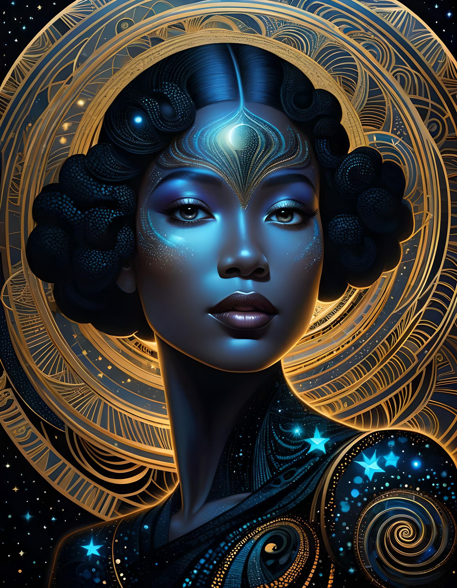 Art Deco Portrait in Starlight, Hyperdetailed Illustration