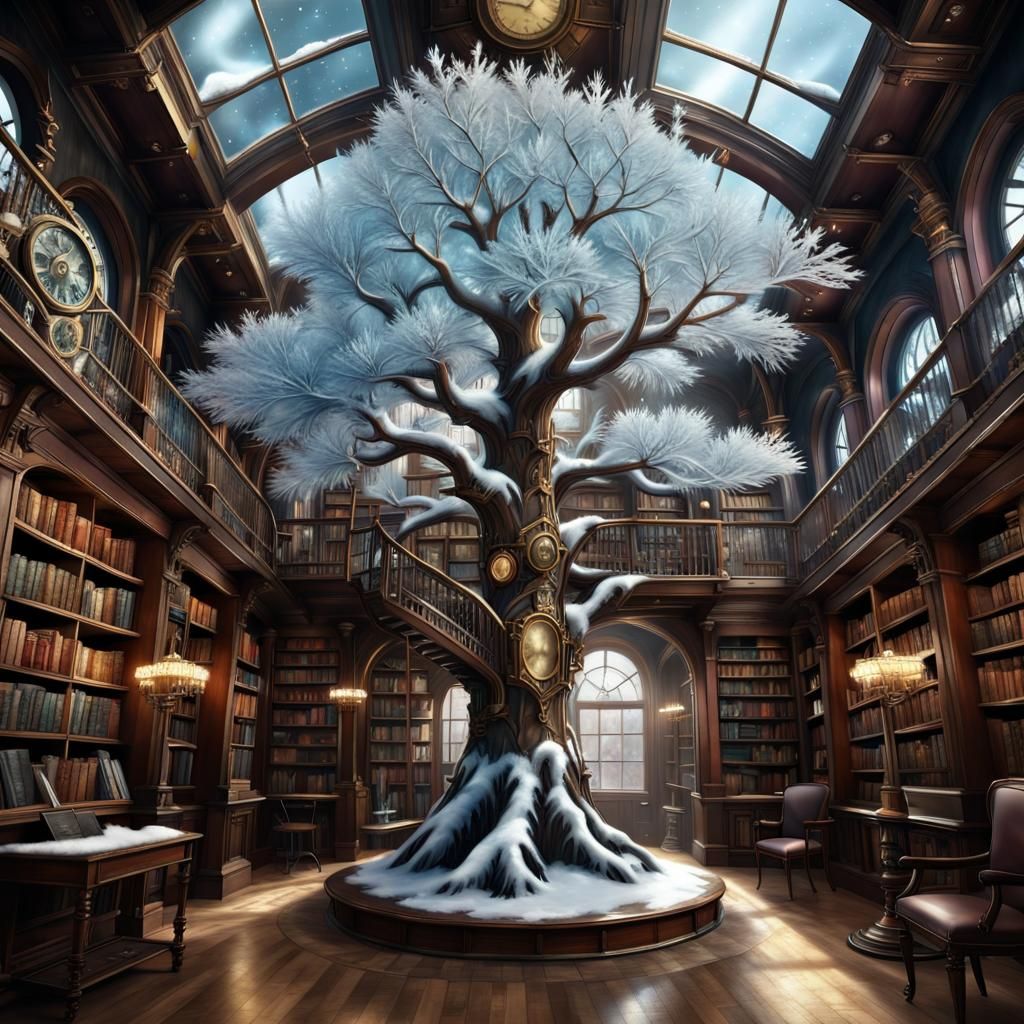 Ice Tree in Steampunk Winter Library: Digital Art