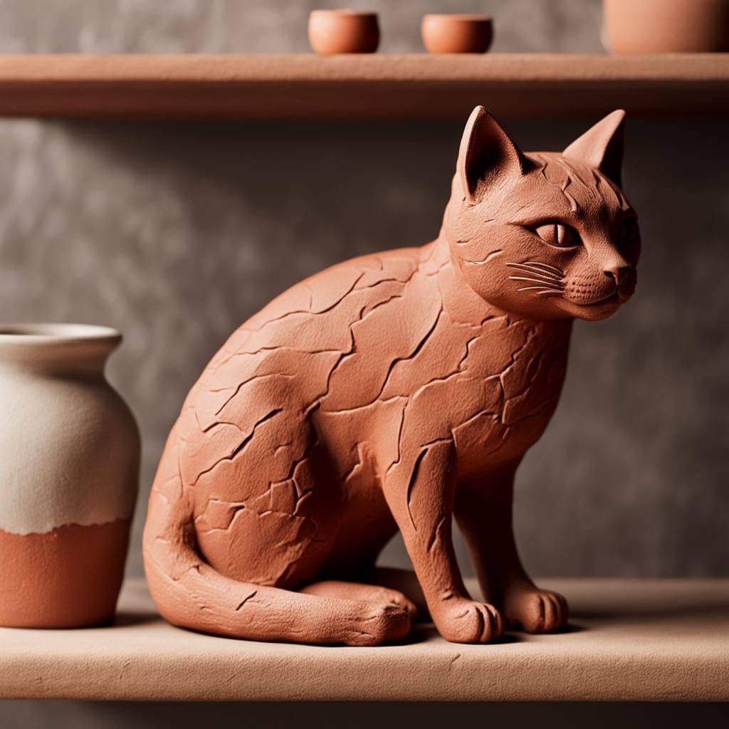 Red Clay Cat Sculpture with Textured Brushstrokes