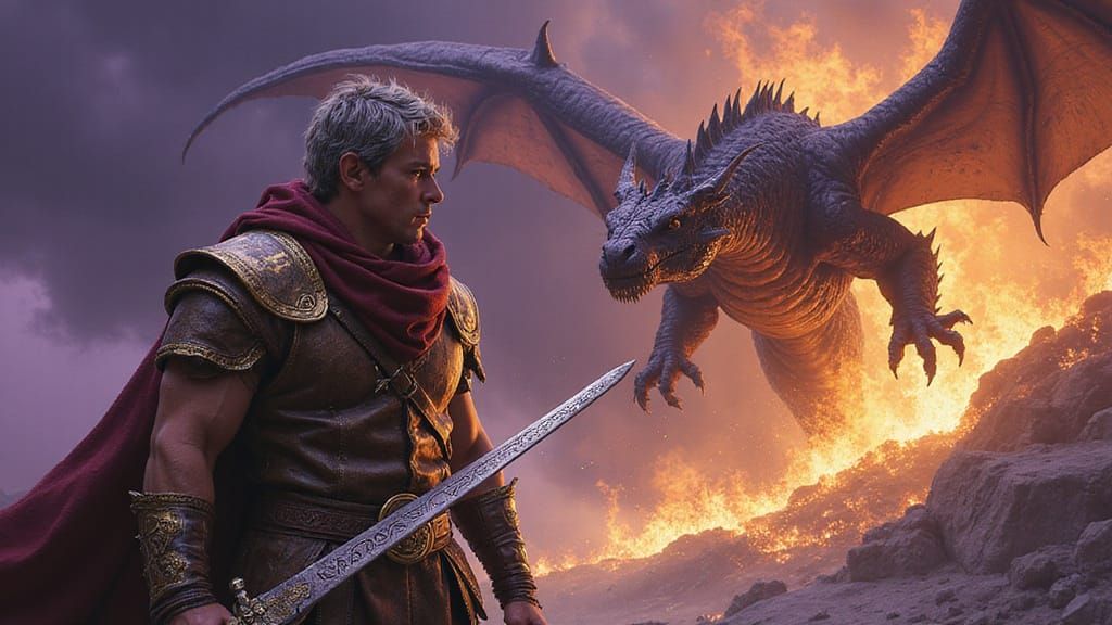 Hero Confronts Dragon in Fantasy Art Style