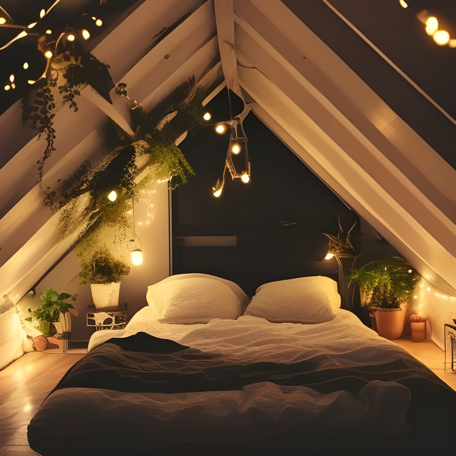 Cozy Attic Bedroom with String Lights and Plants