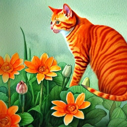 Light Orange Cat with Flowers in Hyperrealism Style