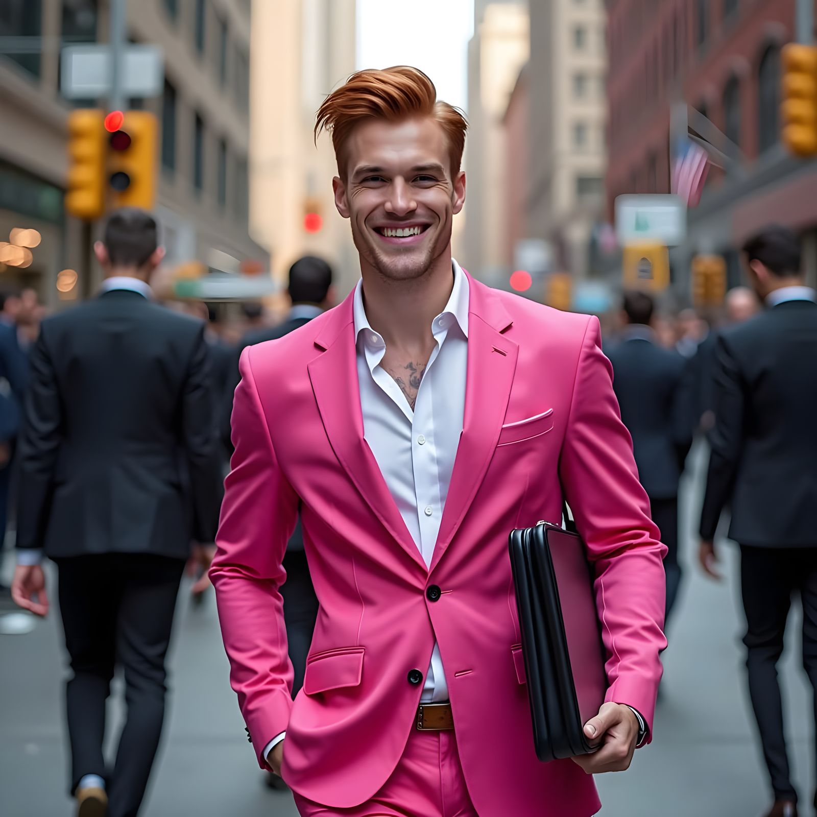 Man in Pastel Pink Business Attire Strolls Manhattan Streets