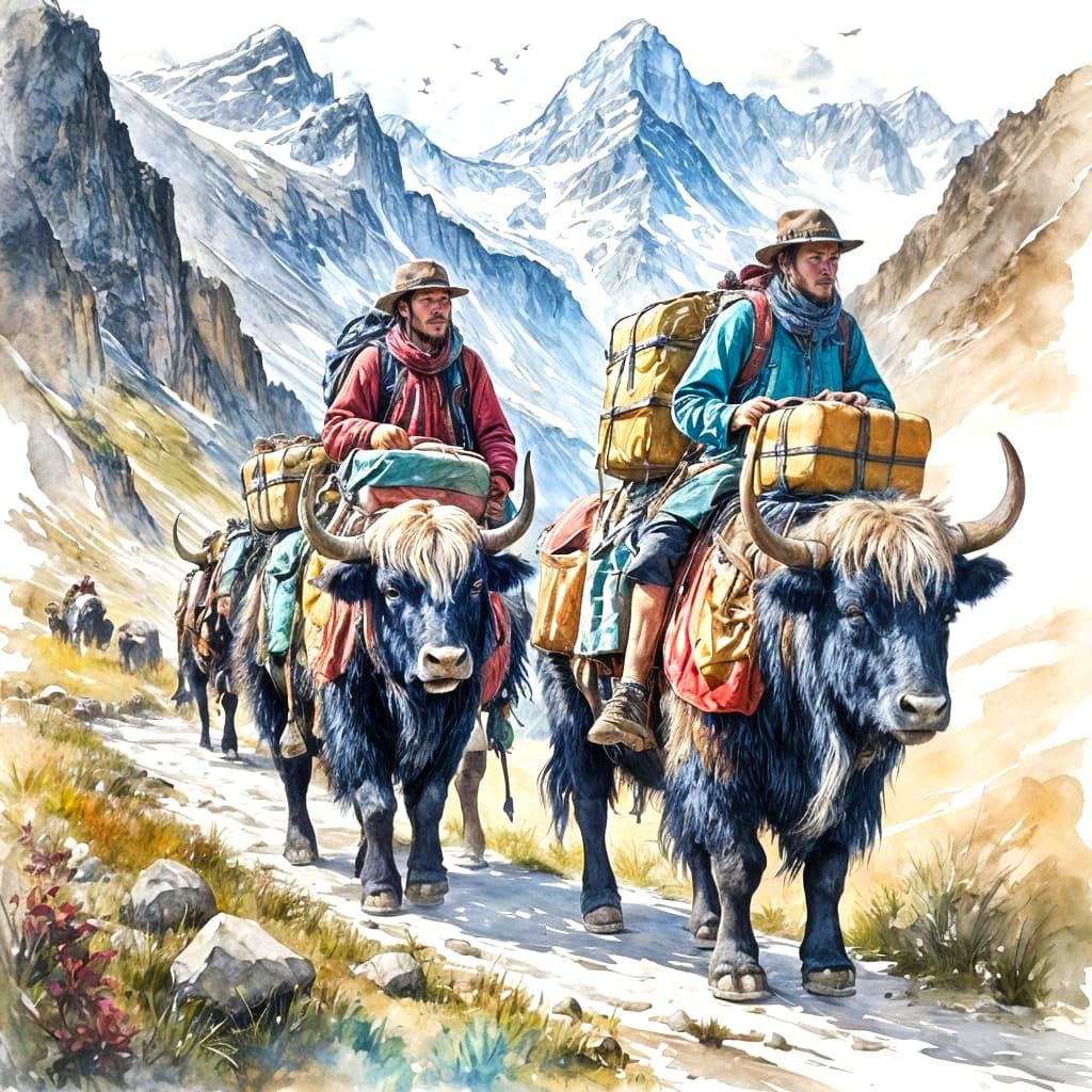 Yaks on Mountain Trail Guided by Nomads in Watercolour Style