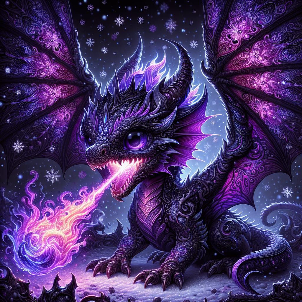 Violet Dragon Unfurls Fiery Majesty Amidst Gentle Snow