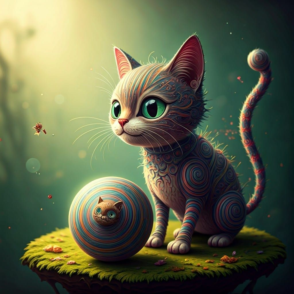 String Cat Chasing Feline Ball in Dreamy Anime Style