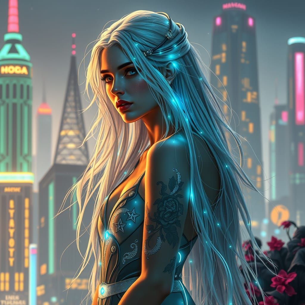Cyberpunk Goddess in Futuristic Cityscape