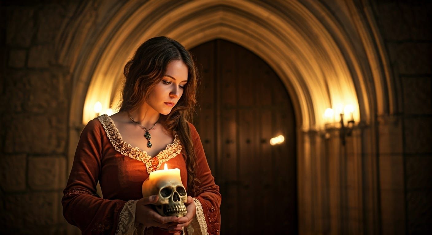 Medieval Woman with Skull Candle in Gothic Archway