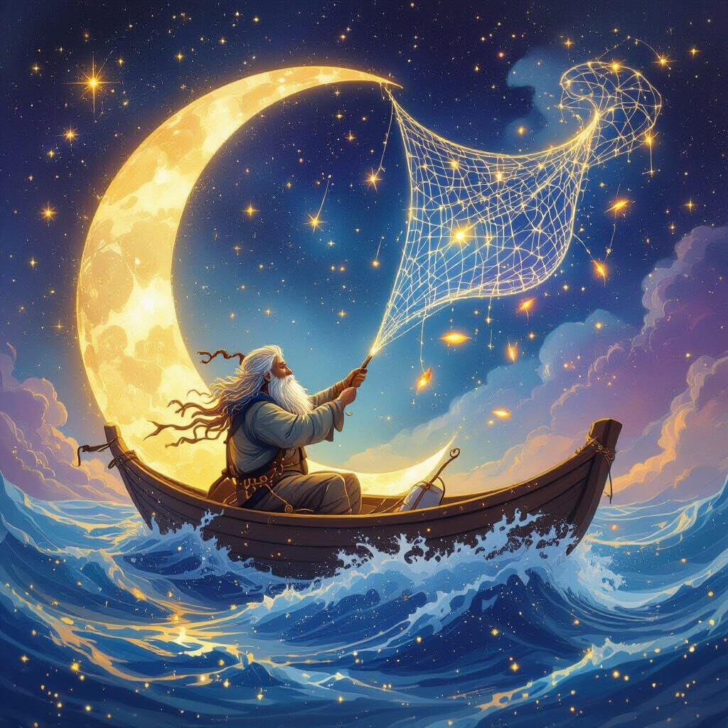Celestial Fisherman Casting Glowing Net into Starry Sea