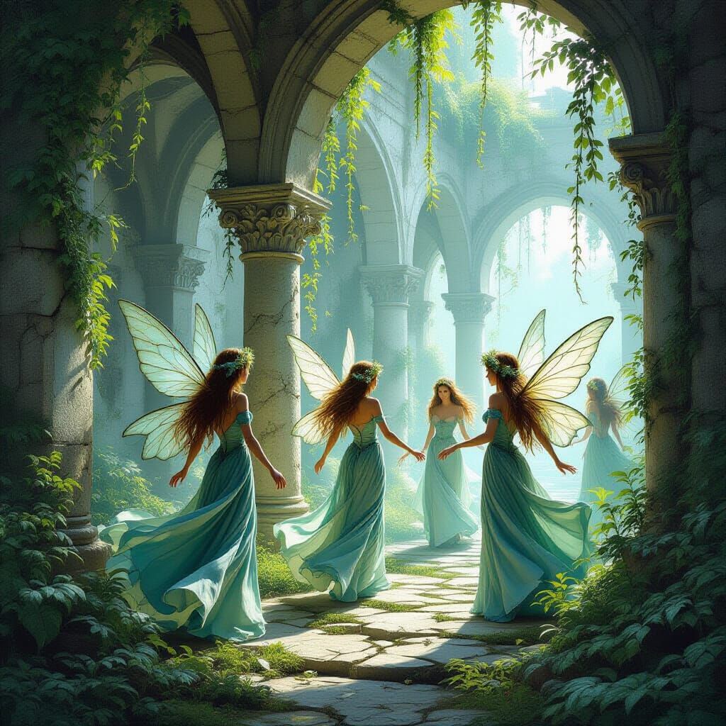 Fairies Dance in Castle Ruins: Digital Art