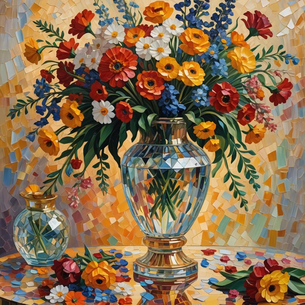 Floral Bouquet in Crystal Vase: Neo-Impressionist Still Life