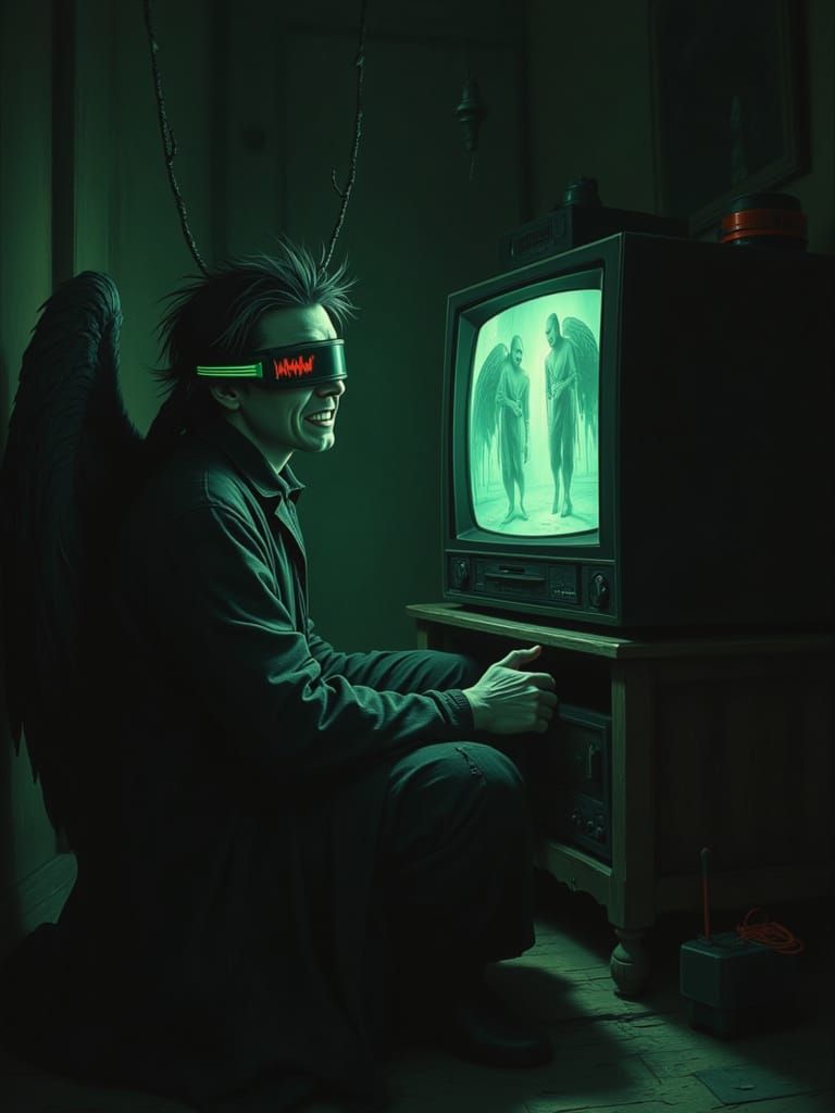 Fallen Angel Watching Analog Horror Footage