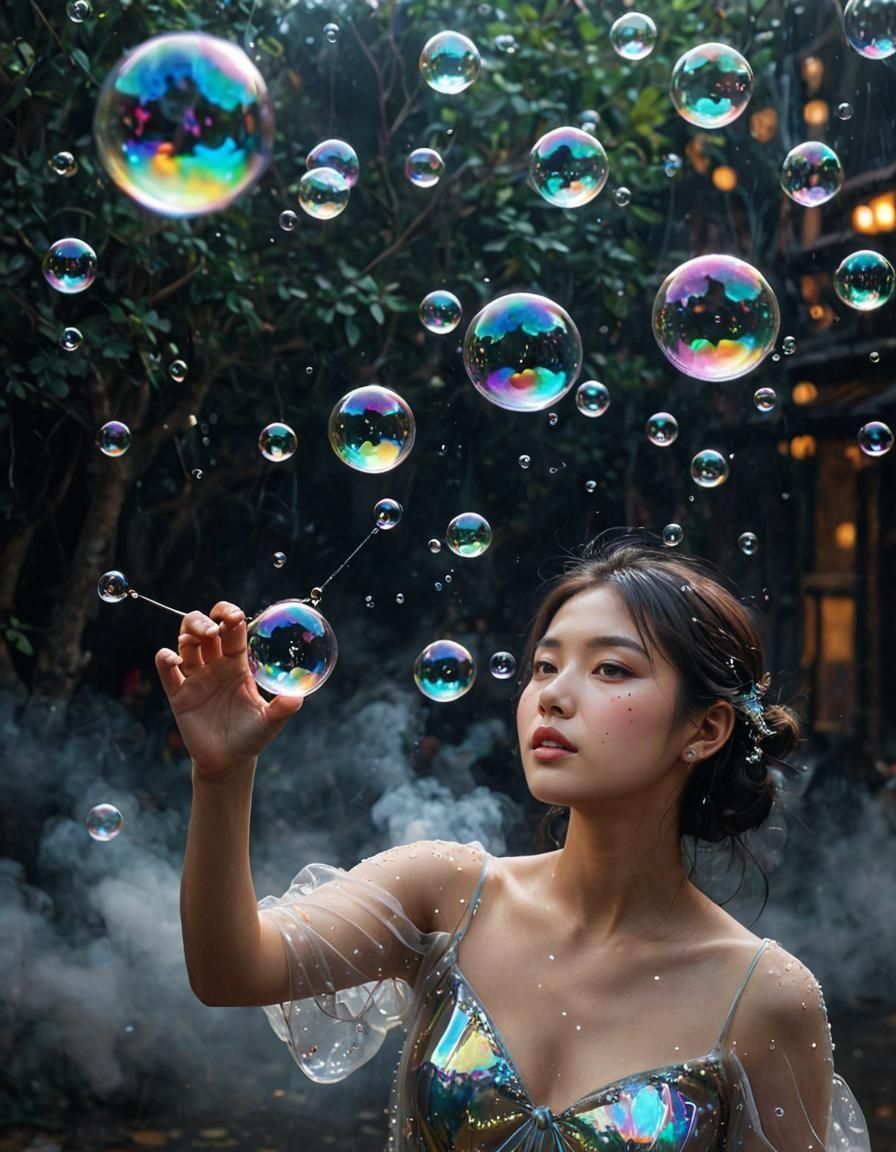 Iridescent Soap Bubbles in Hyperrealistic Watercolor