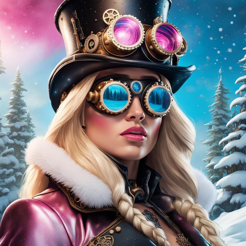 Steampunk Hawaiian Woman in Winter Snow Scene