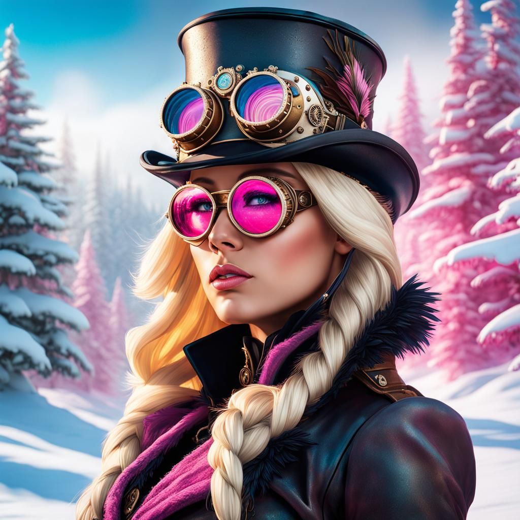 Steampunk Hawaiian Woman in Winter Snow Scene