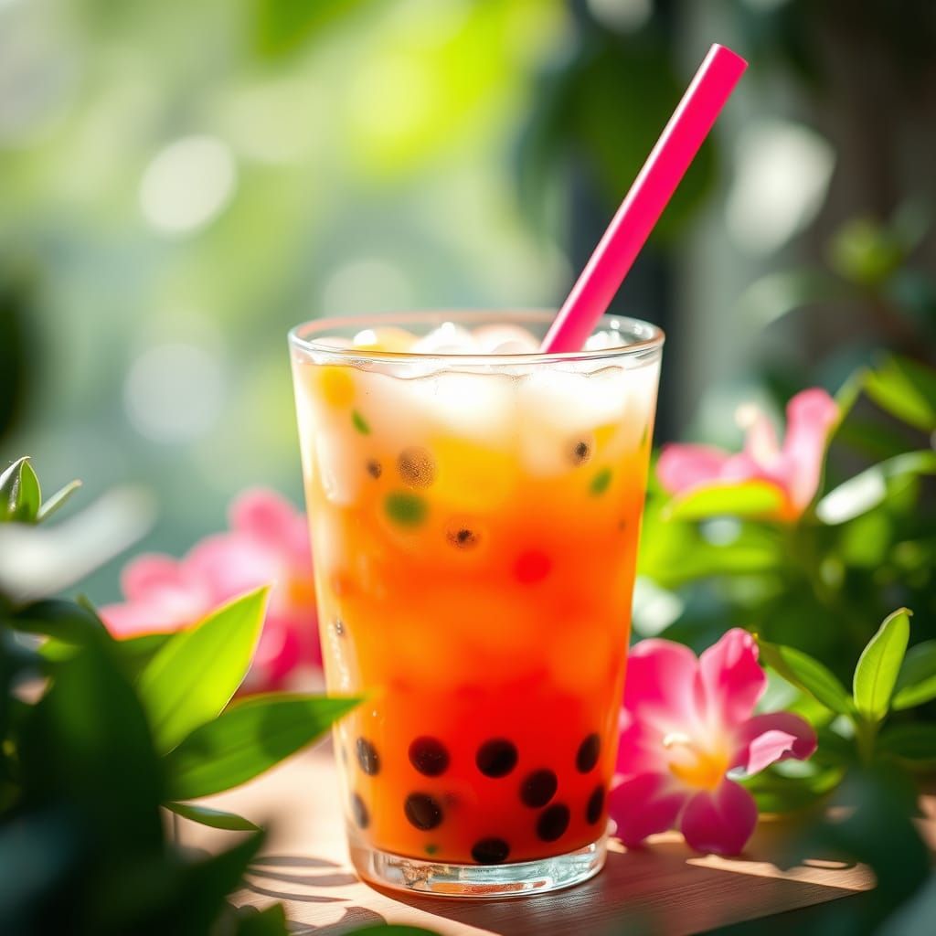 Vibrant Bubble Tea in Lush Greenery
