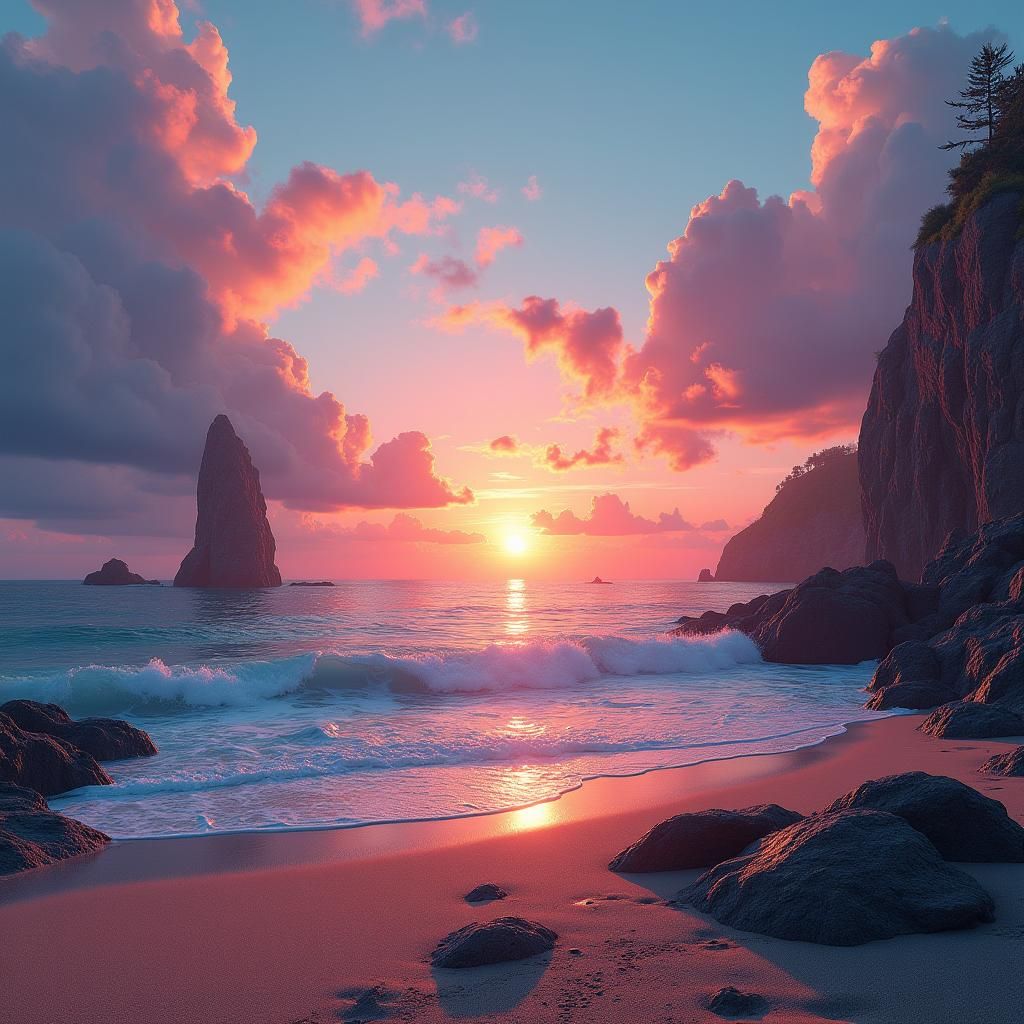 Vibrant Sunset Beachscape with Rocks in Fantasy Art Style