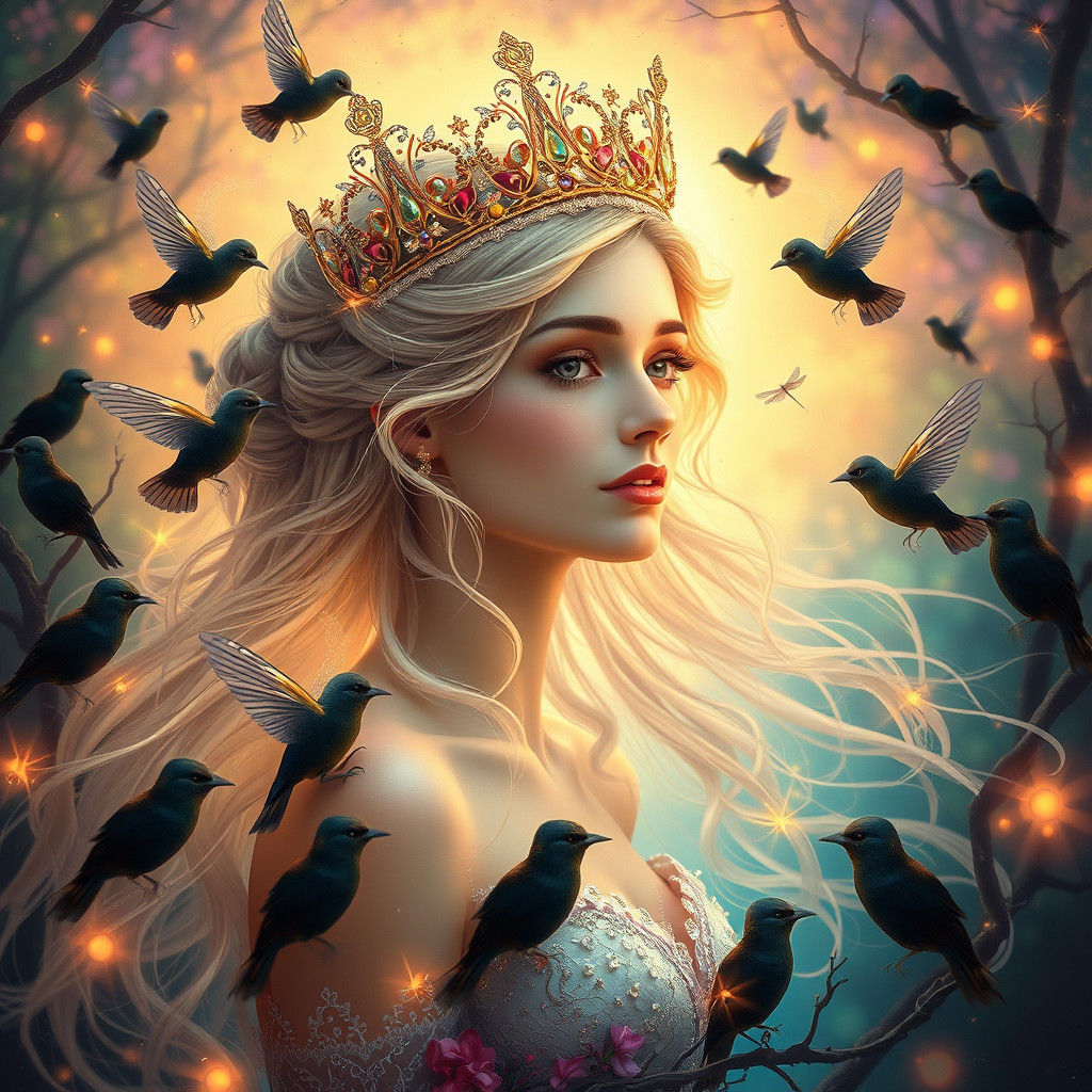 Ethereal Princess in Glowing Forest, Art Nouveau Style