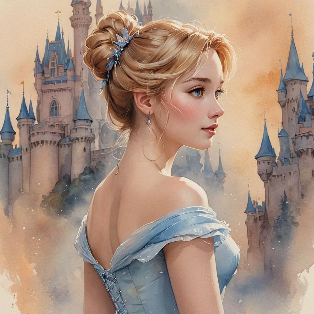 Cinderella in Whimsical Castle, Disney Style Watercolor