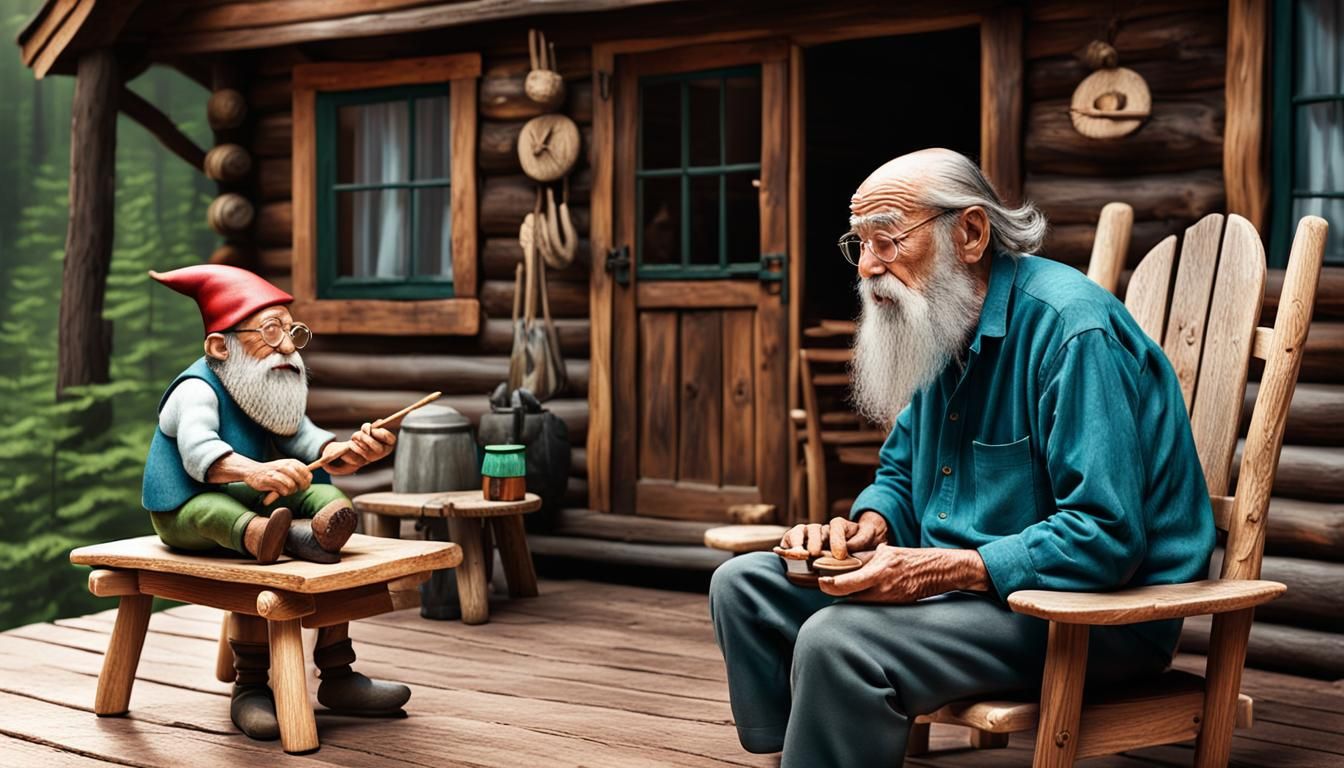 Whittling Gnome and Elderly Man in Fairycore Scene