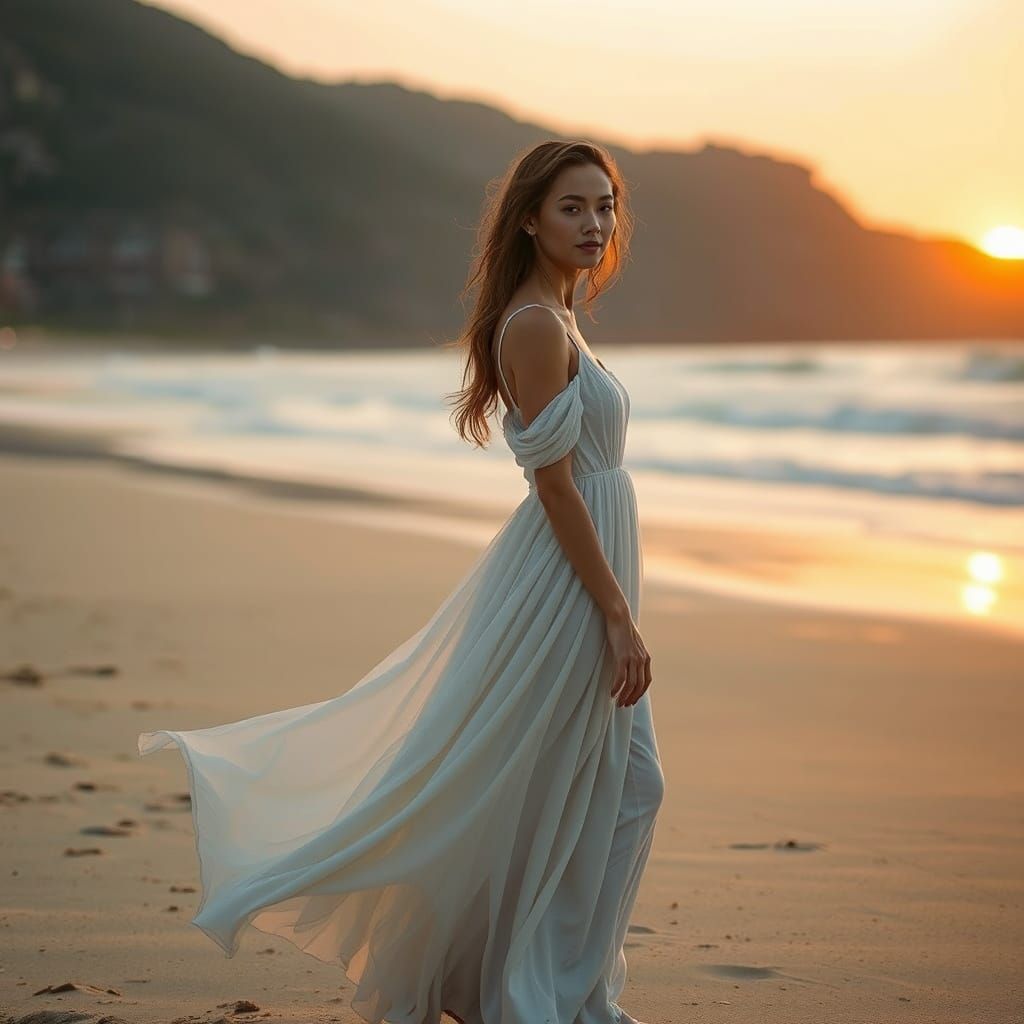 Serene Beach Sunset with Sand-Clad Woman