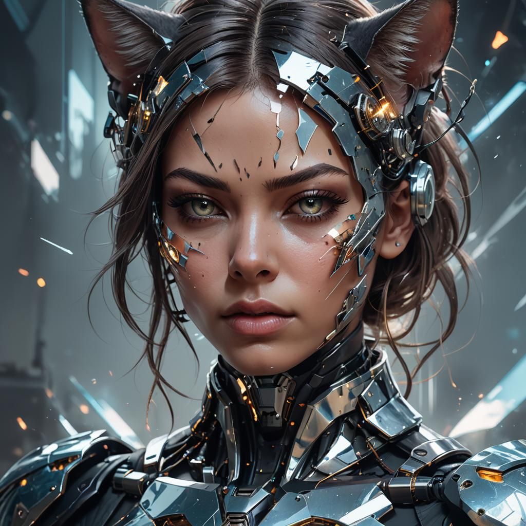 Double Exposure photo of a [cyborg+cat], shattered broken mirror effect, sharp mirror edges, Ephemeral Shadows, in the s...