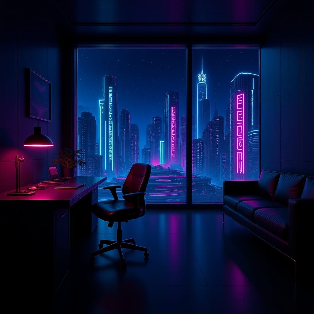 Cyberpunk Office with Neon City View