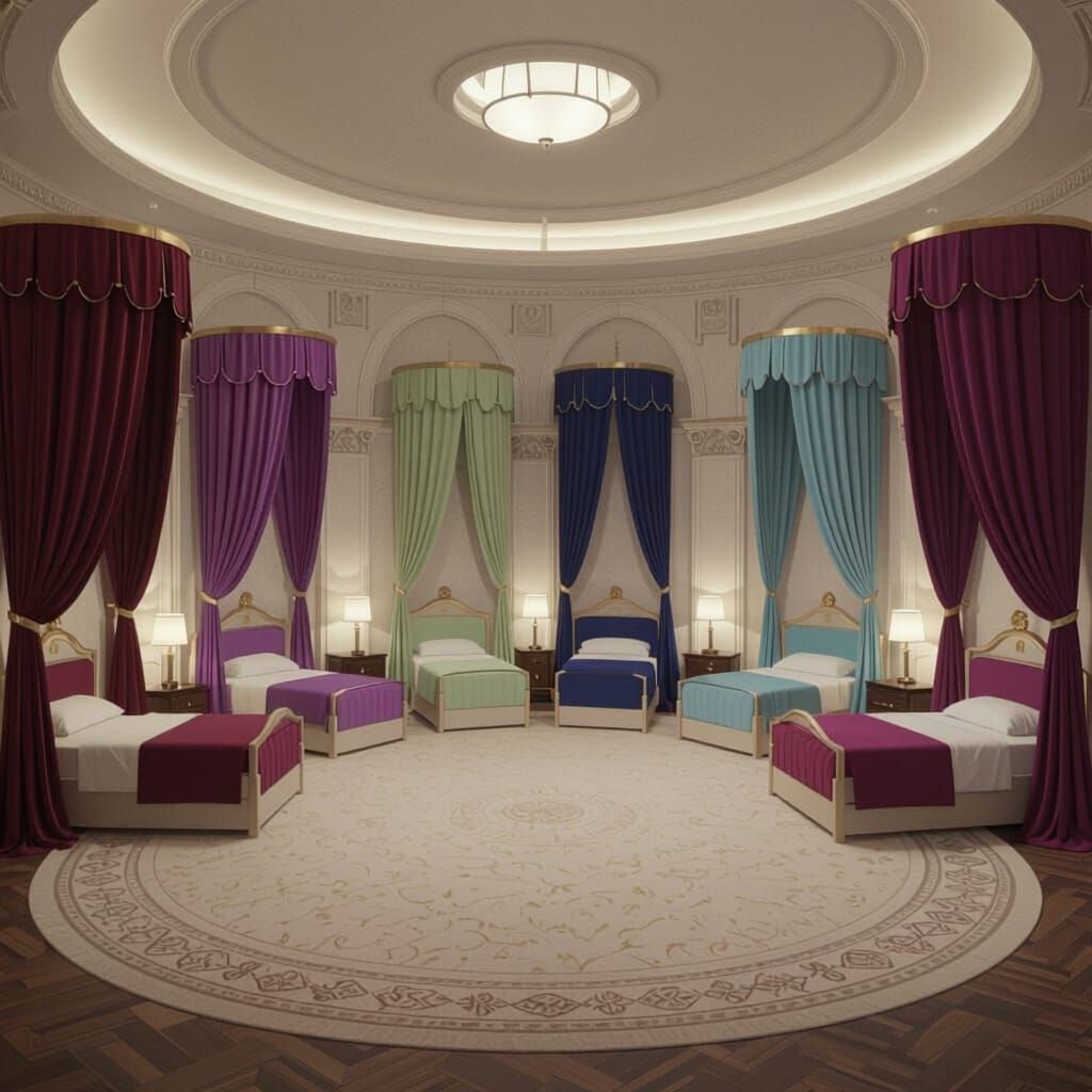 Circular Royal Bedroom With Eight Colorful Canopy Beds