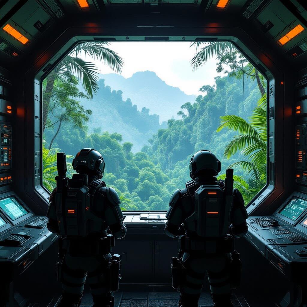Futuristic Troopers Overlook Tropical Jungle in Sci-Fi Style