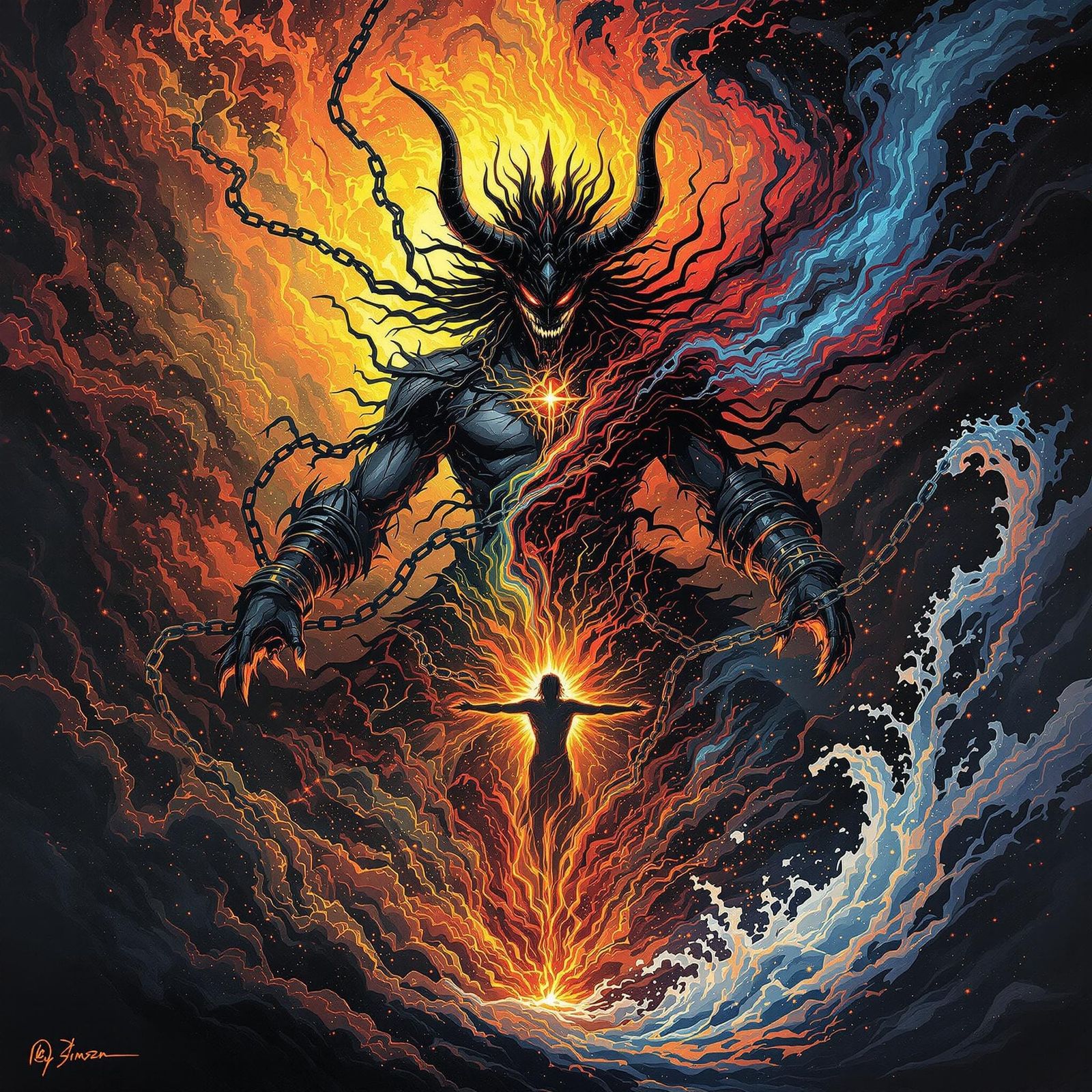 Berserk God Bound in Neon Yin-Yang Chaos, Fused with Devil-J...