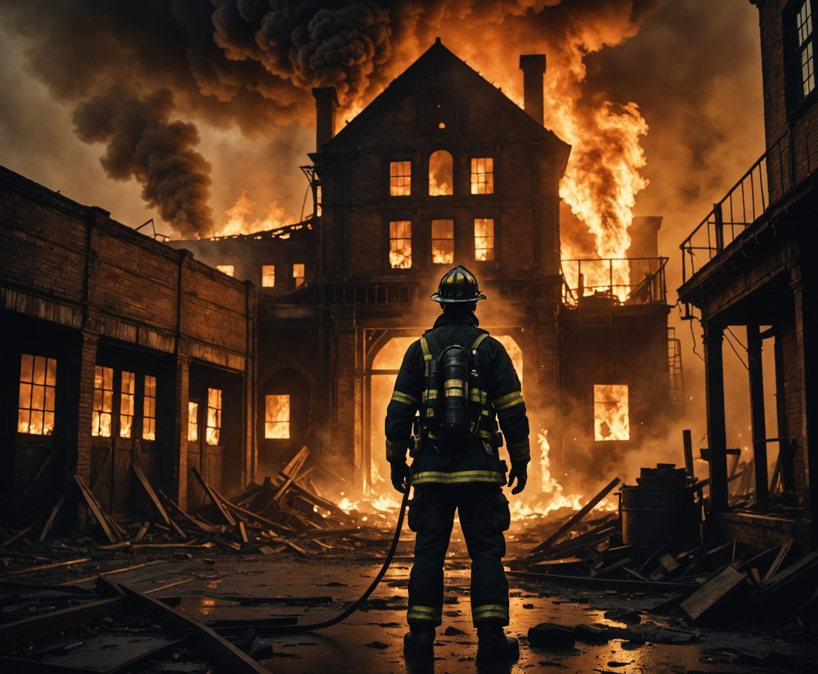 Firefighter Silhouetted Against Burning Victorian Warehouse