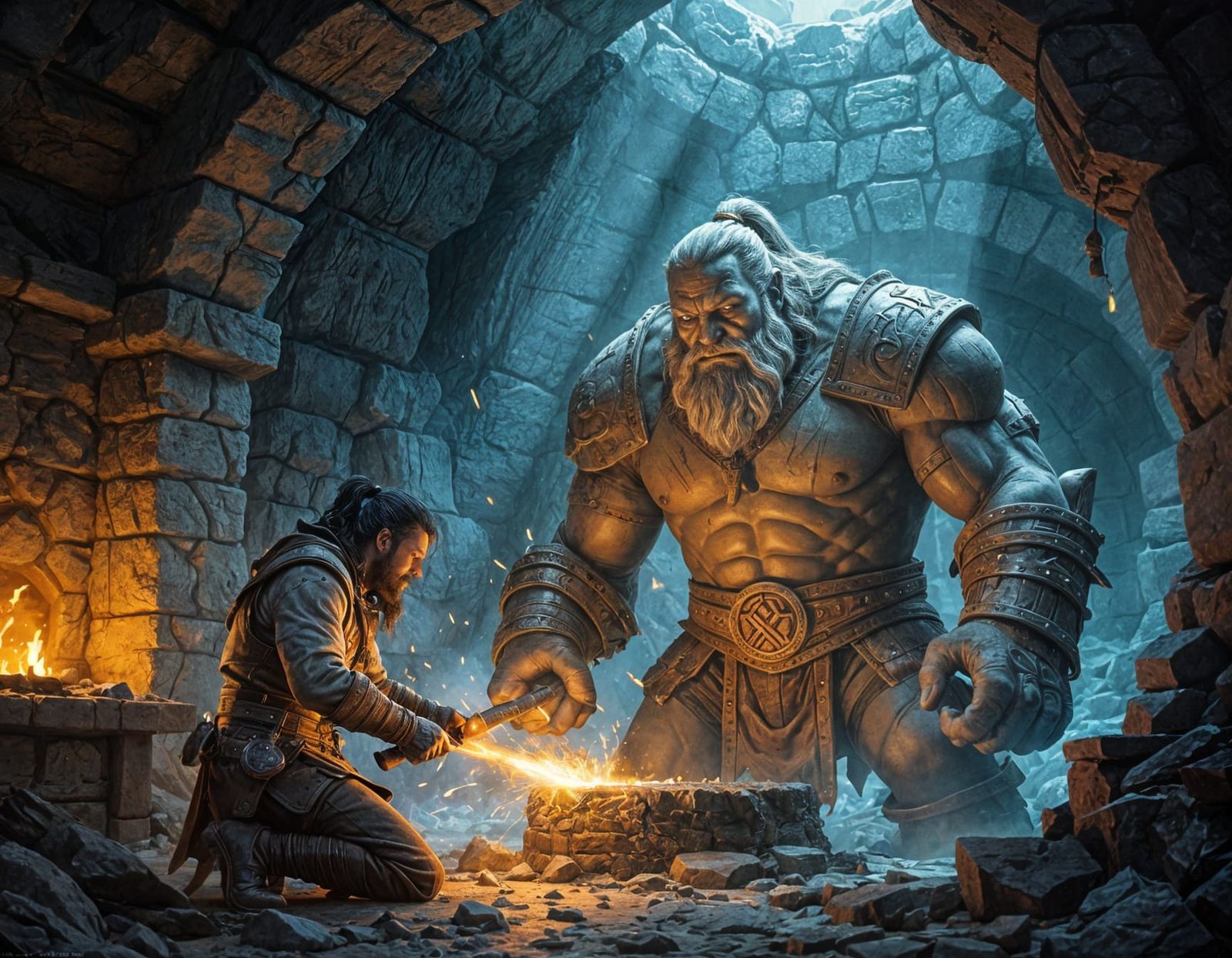 Fantasy Stonewright Sculpts Runes on Mountain Golem