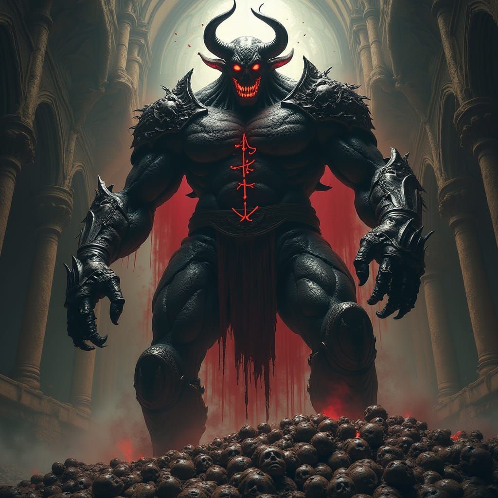 Colossal Demon in Ruined Cathedral, Surreal Horror Art