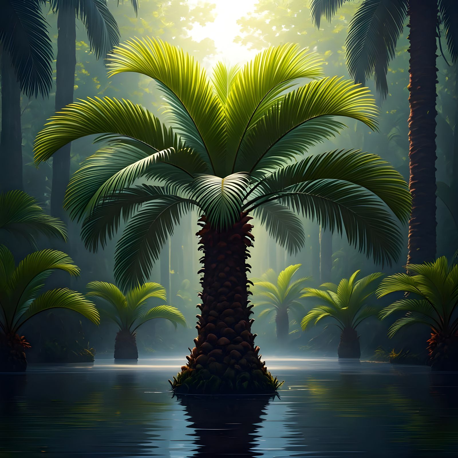 Majestic Sago Palm Tree in Serene Morning Mist