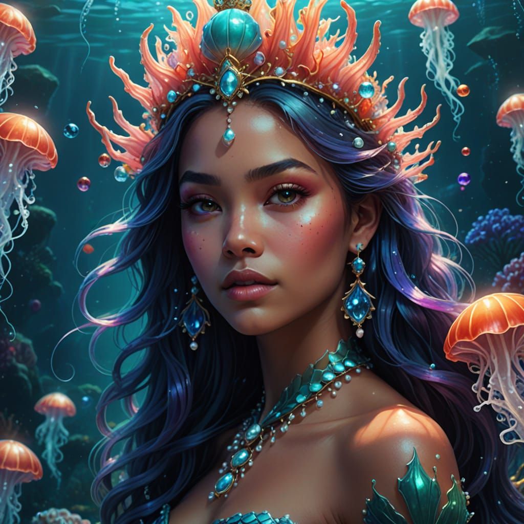 Mermaid Queen with Iridescent Hair in Fantasy Portrait