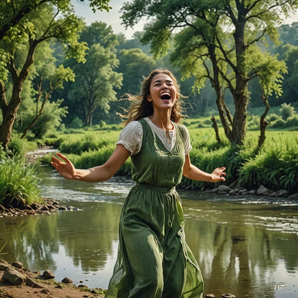 Woman Dancing in Countryside: Watercolor River Scene