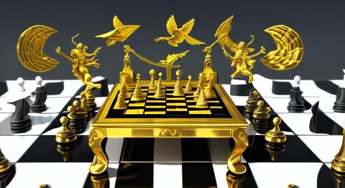 Surreal Chess Game with Flying Pieces in Gold