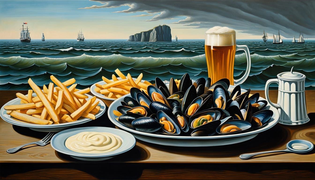 Surreal Belgian Coastline with Mussels, Fries, and Beer