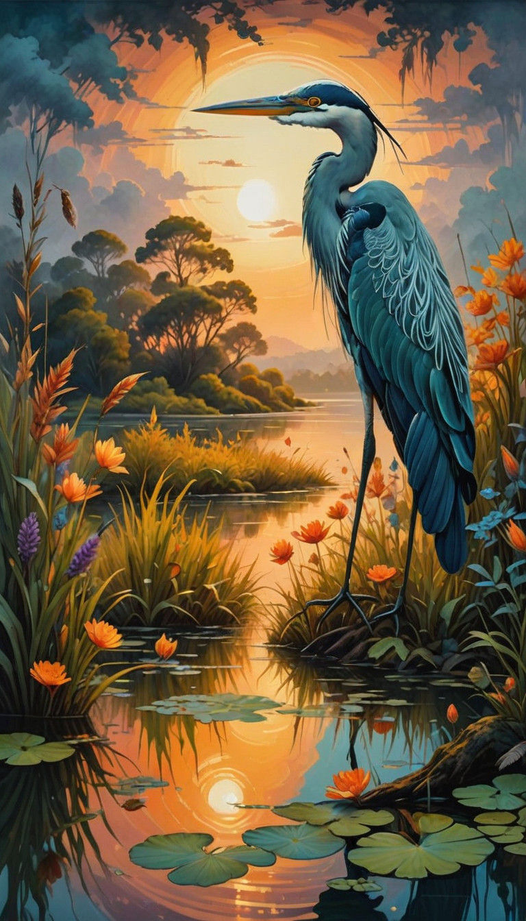 Heron in Elegant Oil Painting Style
