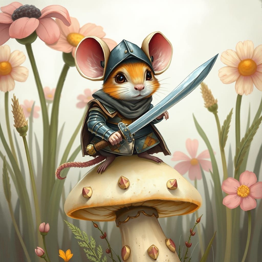 Whimsical Mouse Knight in Patched Armor, Holding Sewing Need...