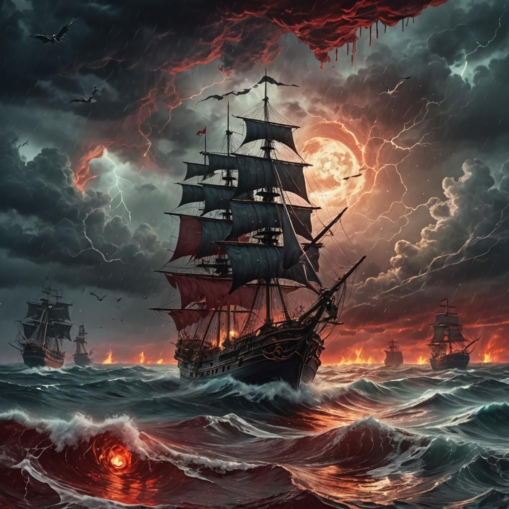 Menacing Pirate Ship on Blood Red Ocean